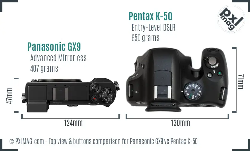 Panasonic GX9 vs Pentax K-50 top view buttons comparison