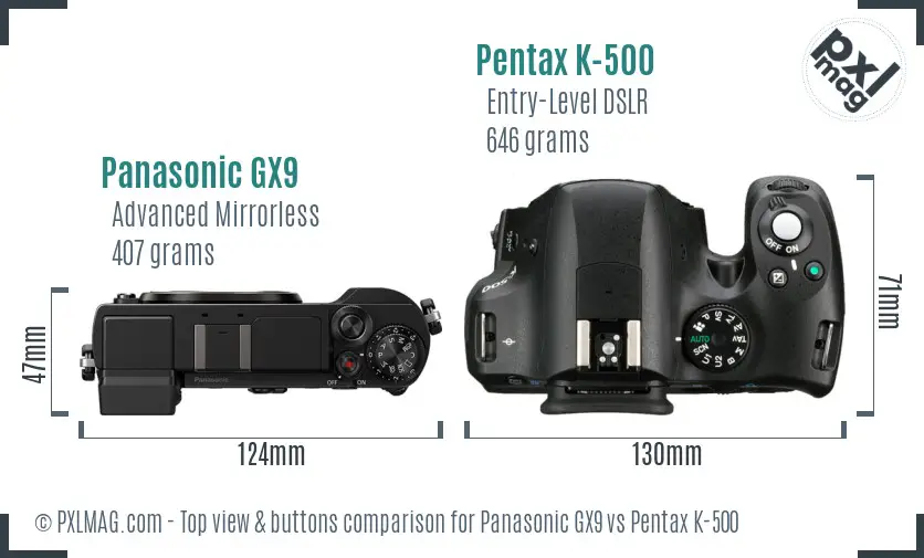 Panasonic GX9 vs Pentax K-500 top view buttons comparison