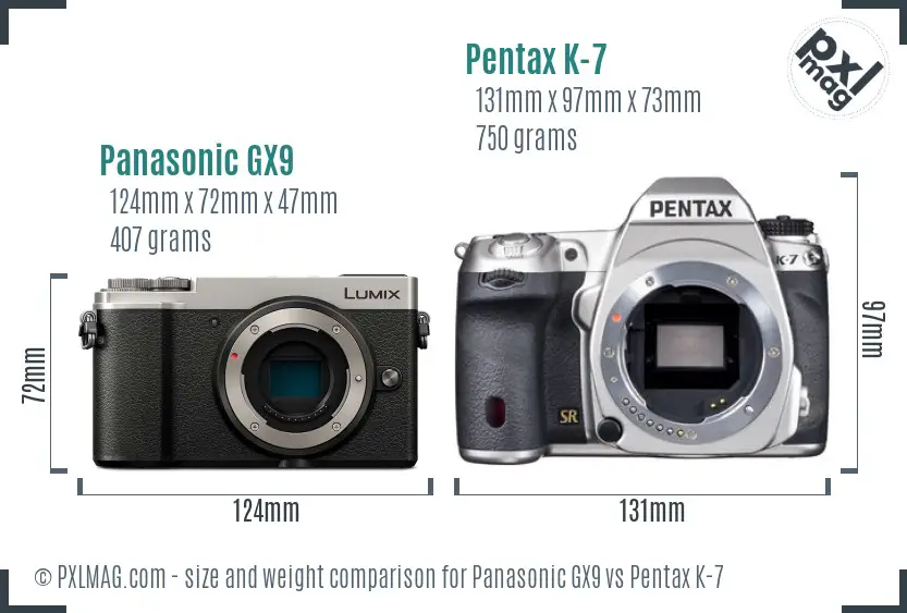 Panasonic GX9 vs Pentax K-7 size comparison