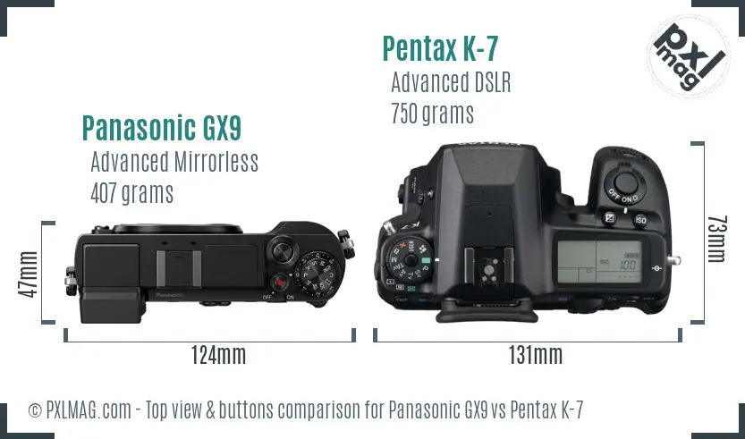 Panasonic GX9 vs Pentax K-7 top view buttons comparison