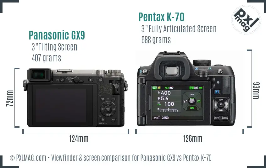 Panasonic GX9 vs Pentax K-70 Screen and Viewfinder comparison