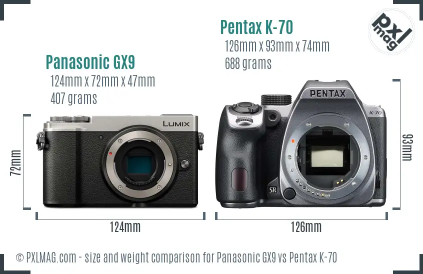 Panasonic GX9 vs Pentax K-70 size comparison