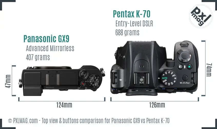 Panasonic GX9 vs Pentax K-70 top view buttons comparison