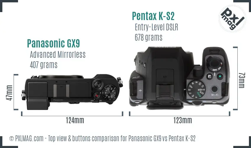 Panasonic GX9 vs Pentax K-S2 top view buttons comparison