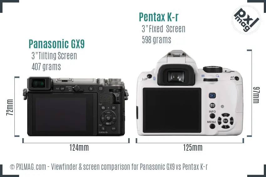 Panasonic GX9 vs Pentax K-r Screen and Viewfinder comparison