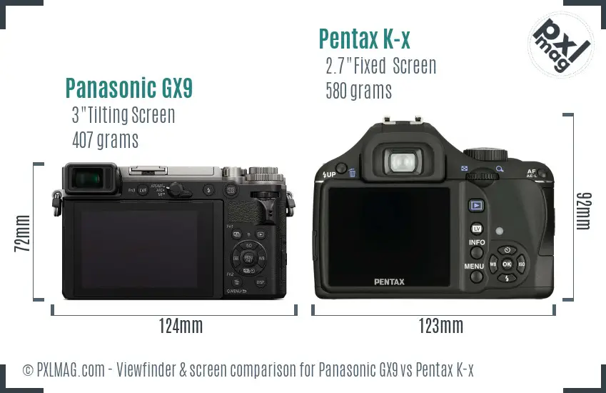 Panasonic GX9 vs Pentax K-x Screen and Viewfinder comparison