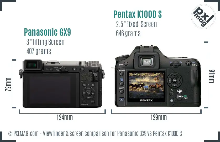 Panasonic GX9 vs Pentax K100D S Screen and Viewfinder comparison