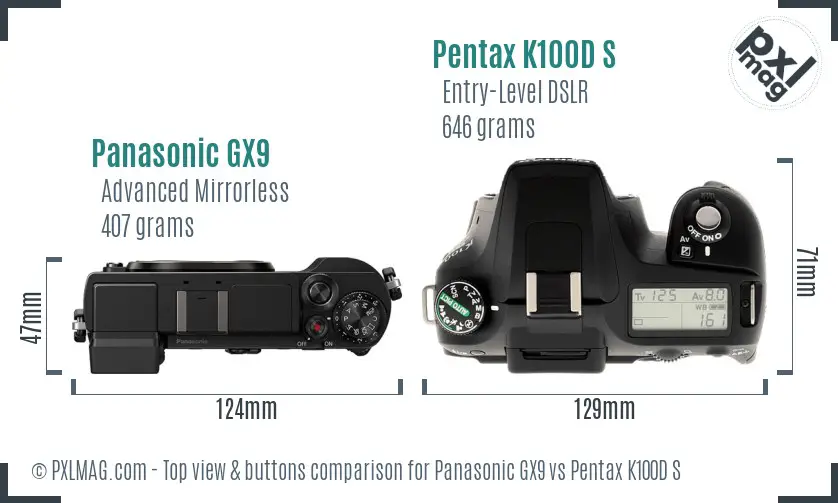 Panasonic GX9 vs Pentax K100D S top view buttons comparison