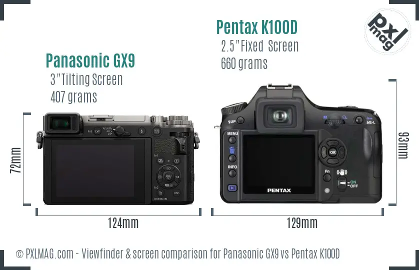Panasonic GX9 vs Pentax K100D Screen and Viewfinder comparison