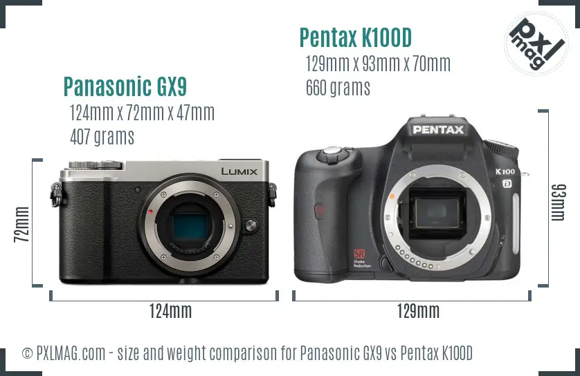 Panasonic GX9 vs Pentax K100D size comparison