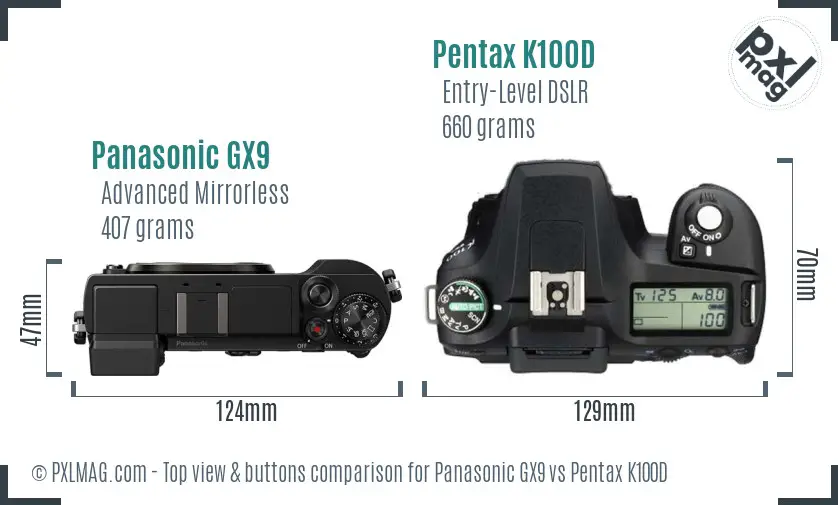 Panasonic GX9 vs Pentax K100D top view buttons comparison