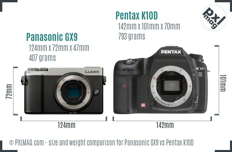 Panasonic GX9 vs Pentax K10D size comparison