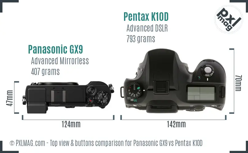 Panasonic GX9 vs Pentax K10D top view buttons comparison