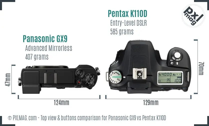 Panasonic GX9 vs Pentax K110D top view buttons comparison