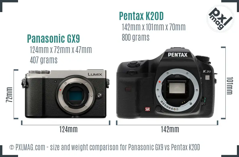 Panasonic GX9 vs Pentax K20D size comparison