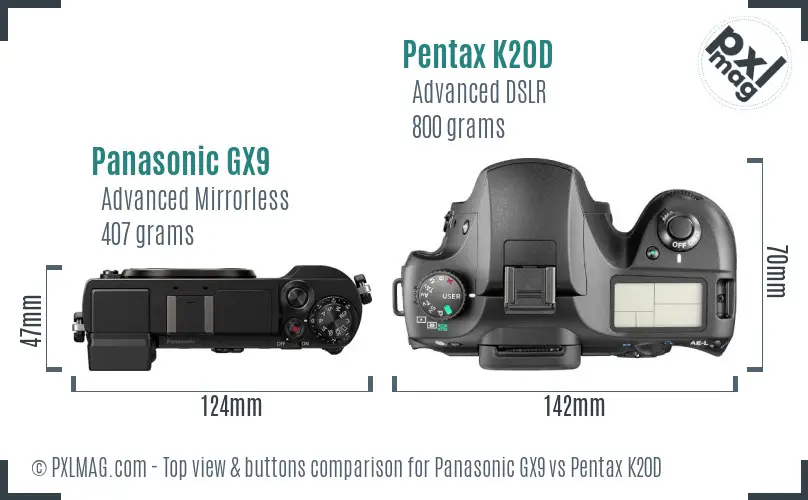 Panasonic GX9 vs Pentax K20D top view buttons comparison