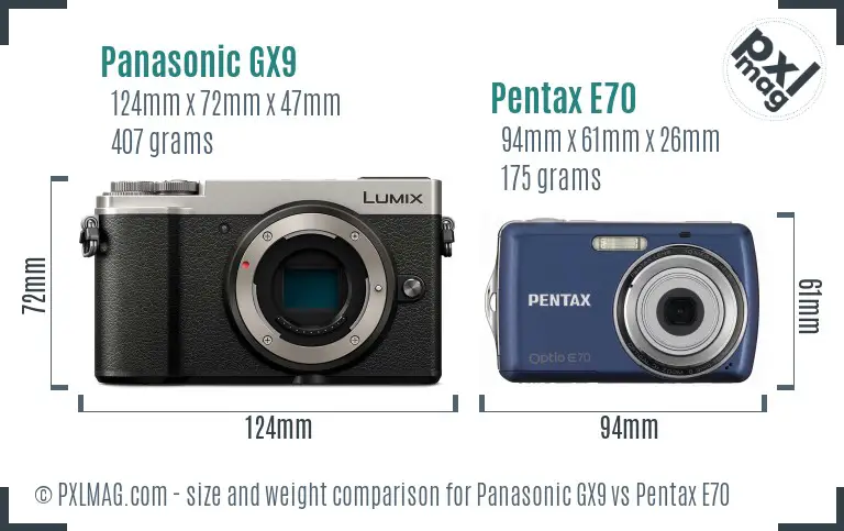 Panasonic GX9 vs Pentax E70 size comparison