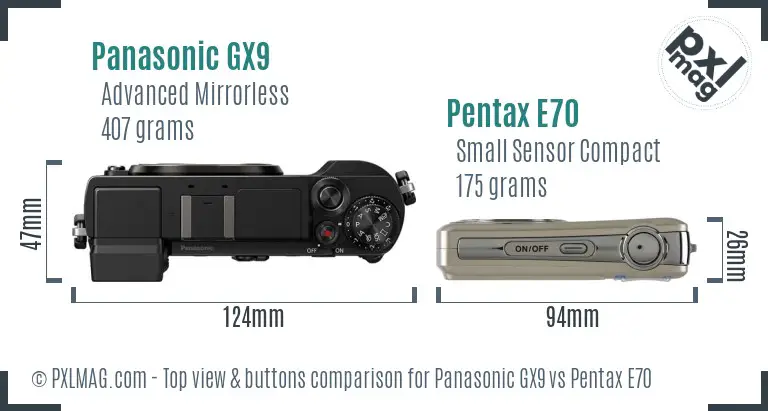 Panasonic GX9 vs Pentax E70 top view buttons comparison