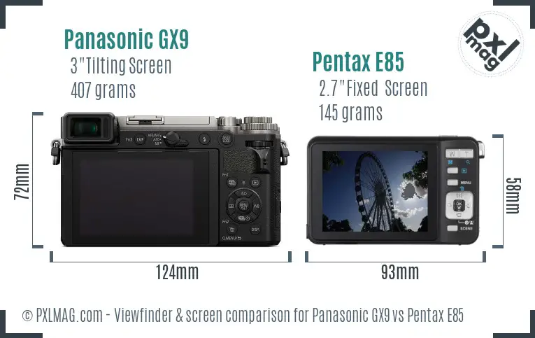 Panasonic GX9 vs Pentax E85 Screen and Viewfinder comparison