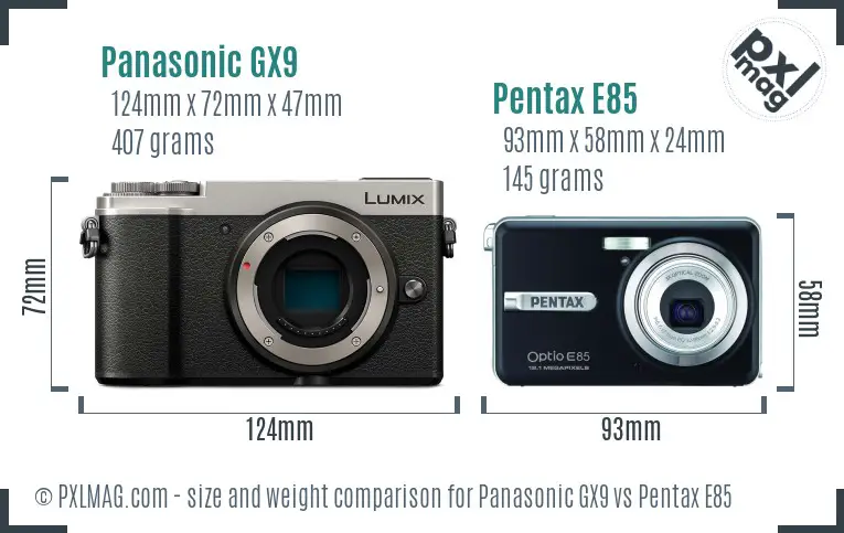 Panasonic GX9 vs Pentax E85 size comparison