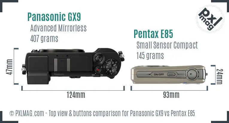 Panasonic GX9 vs Pentax E85 top view buttons comparison