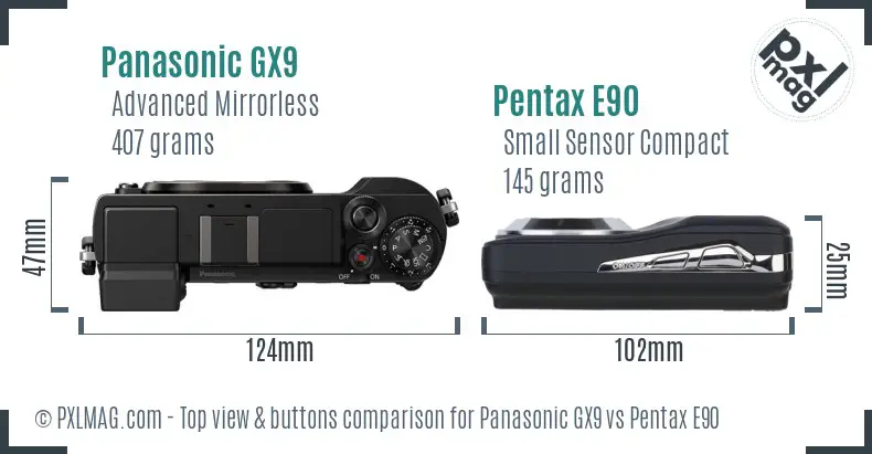 Panasonic GX9 vs Pentax E90 top view buttons comparison