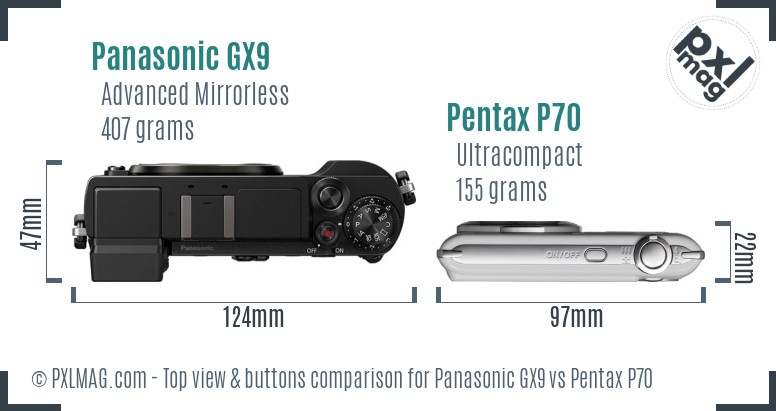 Panasonic GX9 vs Pentax P70 top view buttons comparison