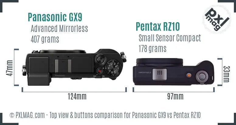 Panasonic GX9 vs Pentax RZ10 top view buttons comparison