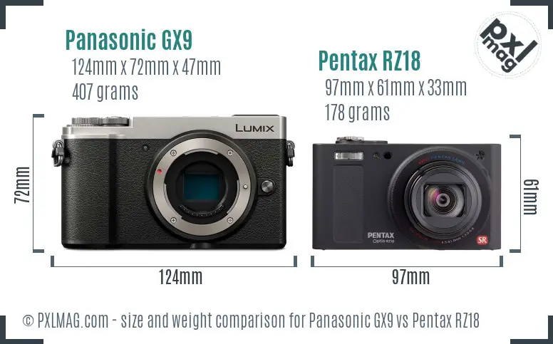 Panasonic GX9 vs Pentax RZ18 size comparison