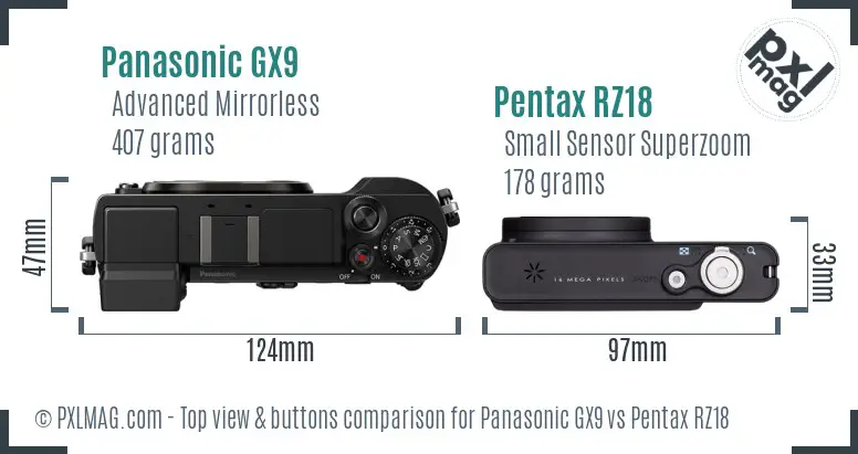 Panasonic GX9 vs Pentax RZ18 top view buttons comparison