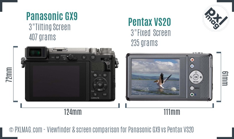 Panasonic GX9 vs Pentax VS20 Screen and Viewfinder comparison