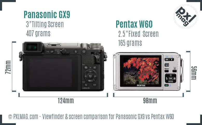 Panasonic GX9 vs Pentax W60 Screen and Viewfinder comparison