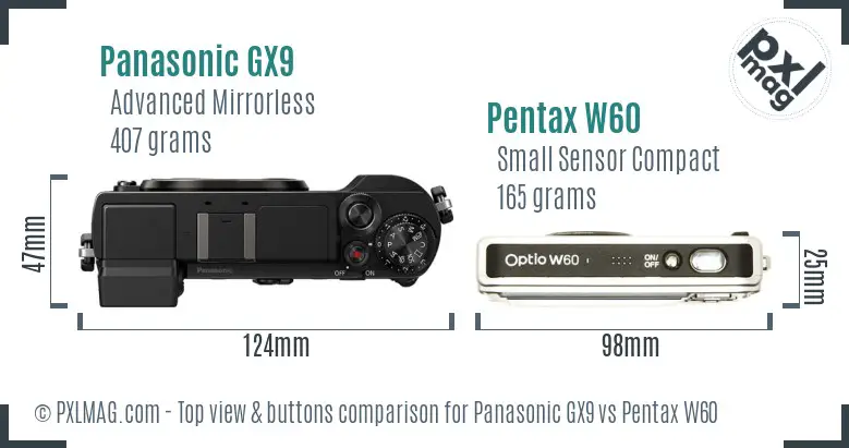 Panasonic GX9 vs Pentax W60 top view buttons comparison