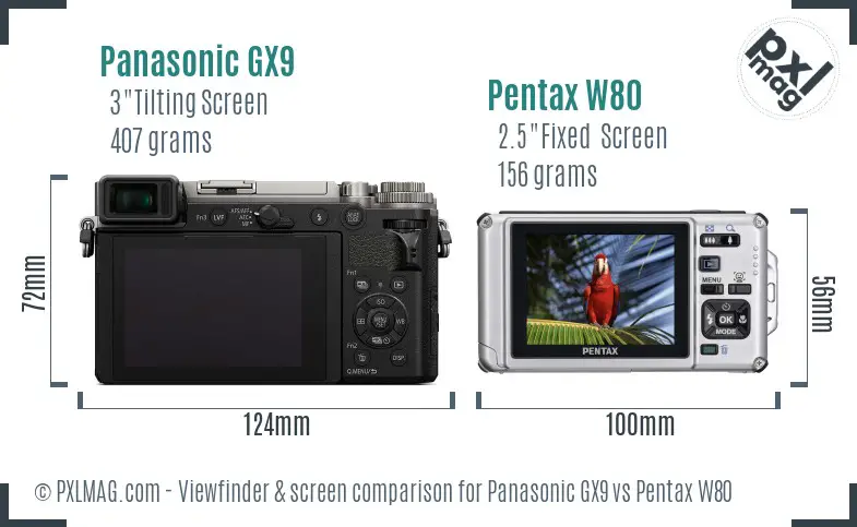 Panasonic GX9 vs Pentax W80 Screen and Viewfinder comparison
