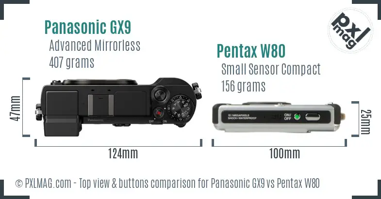 Panasonic GX9 vs Pentax W80 top view buttons comparison