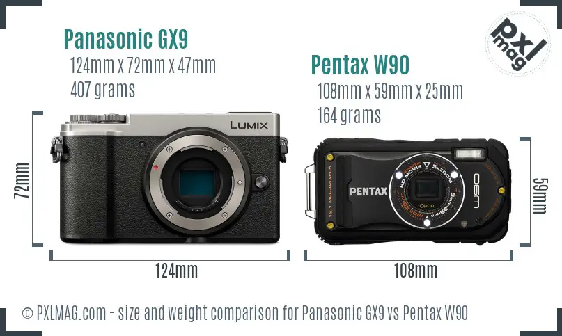 Panasonic GX9 vs Pentax W90 size comparison