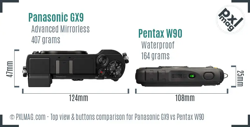 Panasonic GX9 vs Pentax W90 top view buttons comparison