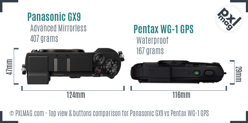 Panasonic GX9 vs Pentax WG-1 GPS top view buttons comparison