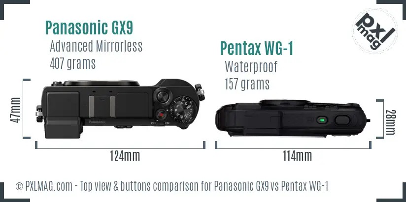 Panasonic GX9 vs Pentax WG-1 top view buttons comparison