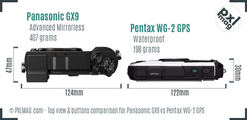 Panasonic GX9 vs Pentax WG-2 GPS top view buttons comparison