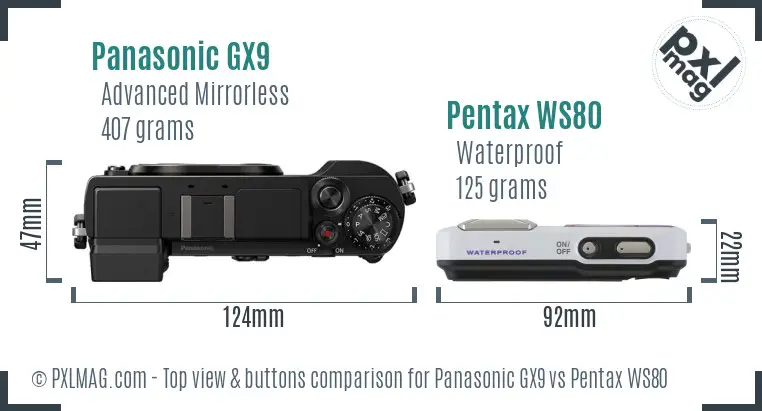 Panasonic GX9 vs Pentax WS80 top view buttons comparison