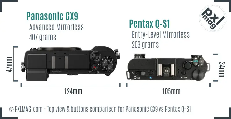 Panasonic GX9 vs Pentax Q-S1 top view buttons comparison