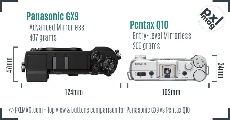 Panasonic GX9 vs Pentax Q10 top view buttons comparison