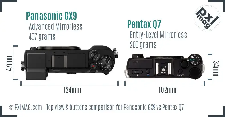 Panasonic GX9 vs Pentax Q7 top view buttons comparison