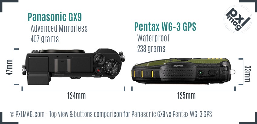 Panasonic GX9 vs Pentax WG-3 GPS top view buttons comparison