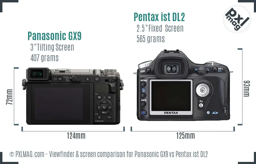 Panasonic GX9 vs Pentax ist DL2 Screen and Viewfinder comparison