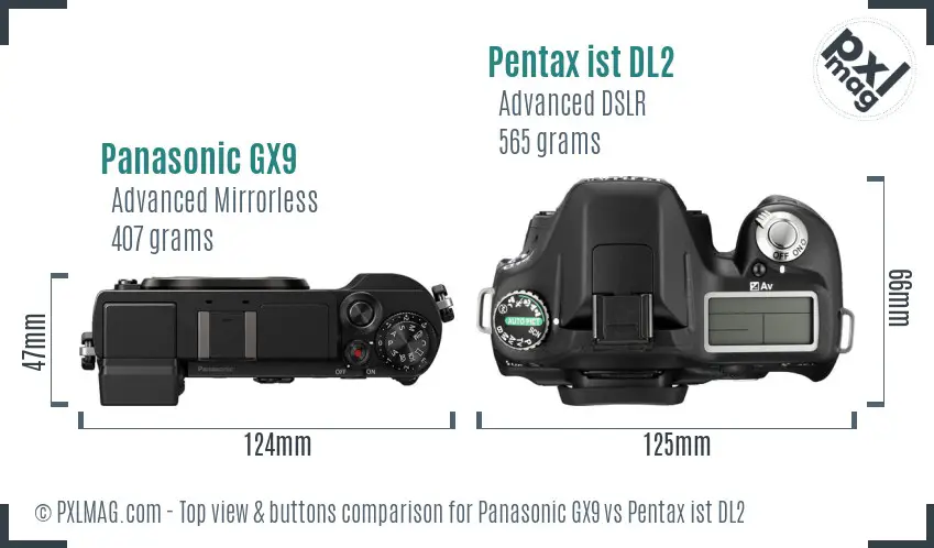 Panasonic GX9 vs Pentax ist DL2 top view buttons comparison