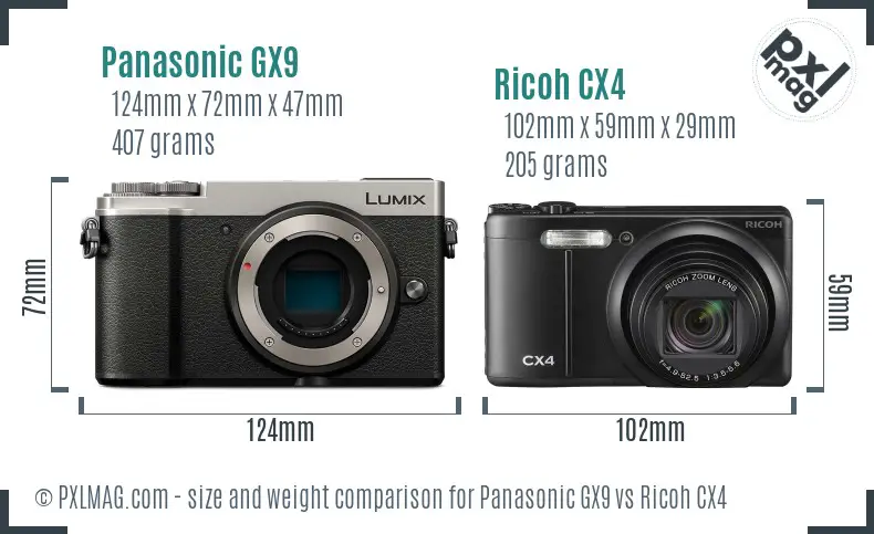 Panasonic GX9 vs Ricoh CX4 size comparison Panasonic GX9 vs Ricoh CX4 size comparison