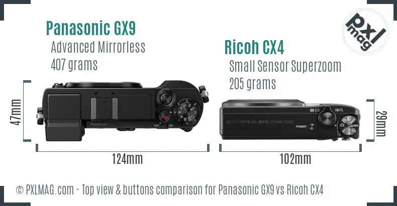 Panasonic GX9 vs Ricoh CX4 top view buttons comparison Panasonic GX9 vs Ricoh CX4 top view buttons comparison