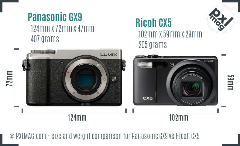Panasonic GX9 vs Ricoh CX5 size comparison Panasonic GX9 vs Ricoh CX5 size comparison